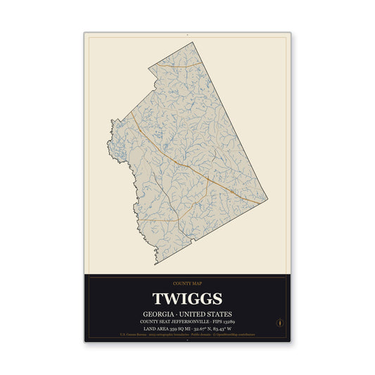 Twiggs County, Georgia Map Aluminum Sign in Museum Plaque style