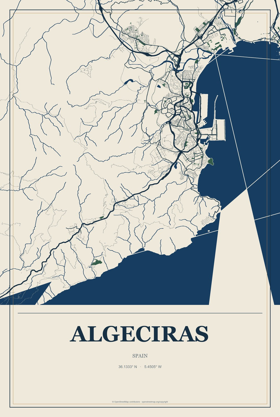 Algeciras, Spain City Map Aluminum Sign in Coastal Cutout style
