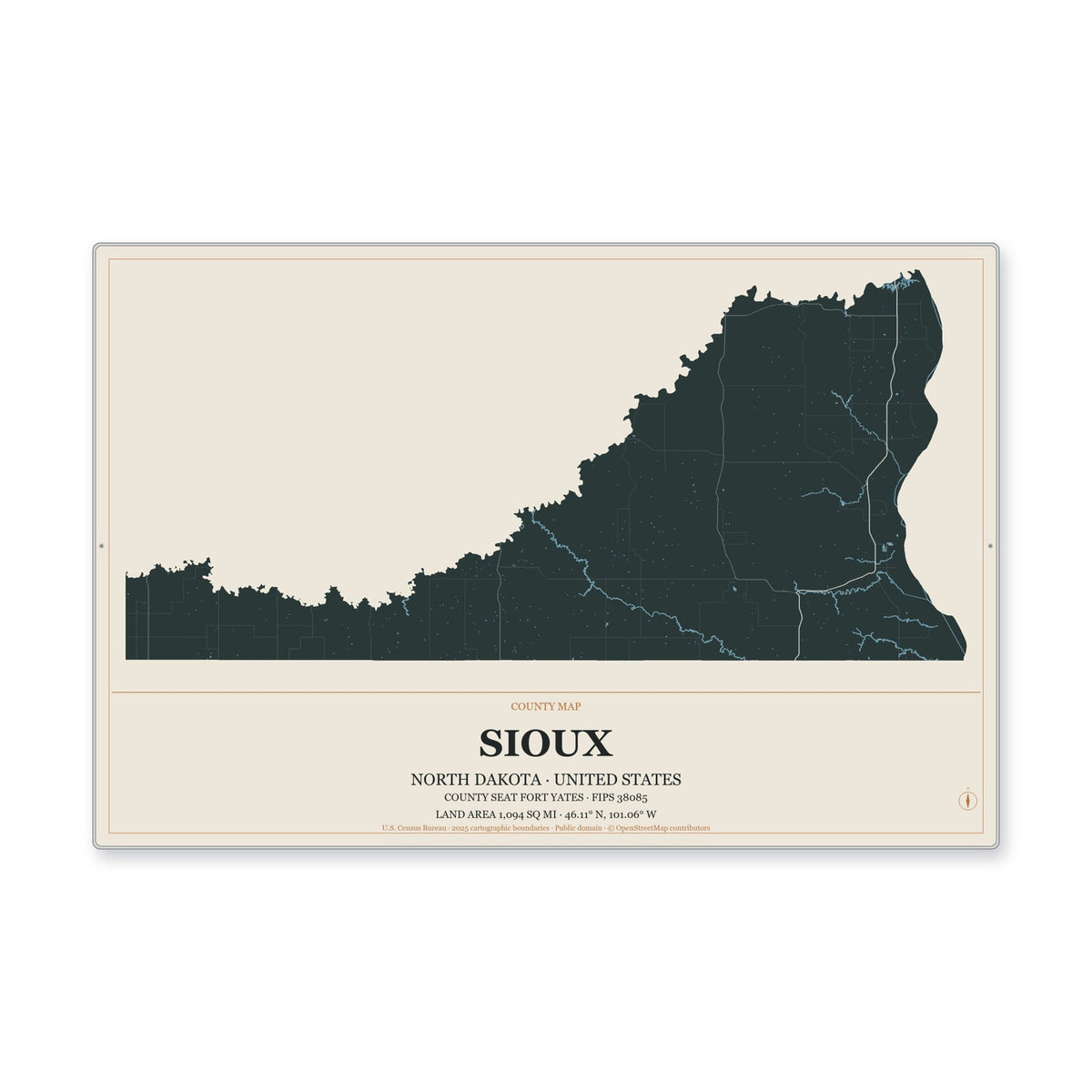 Sioux County, North Dakota Map Aluminum Sign in Headline Atlas style