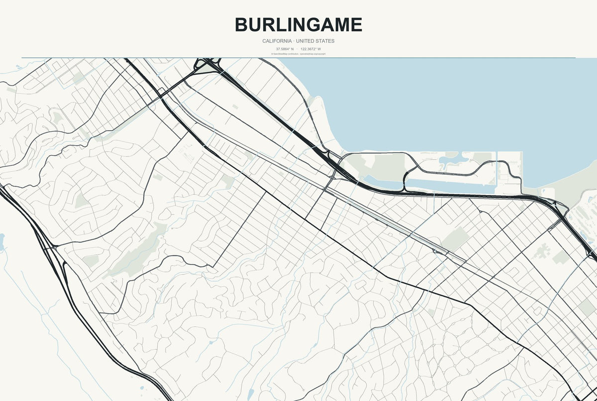 Burlingame, California City Map Aluminum Sign in Headline Atlas style