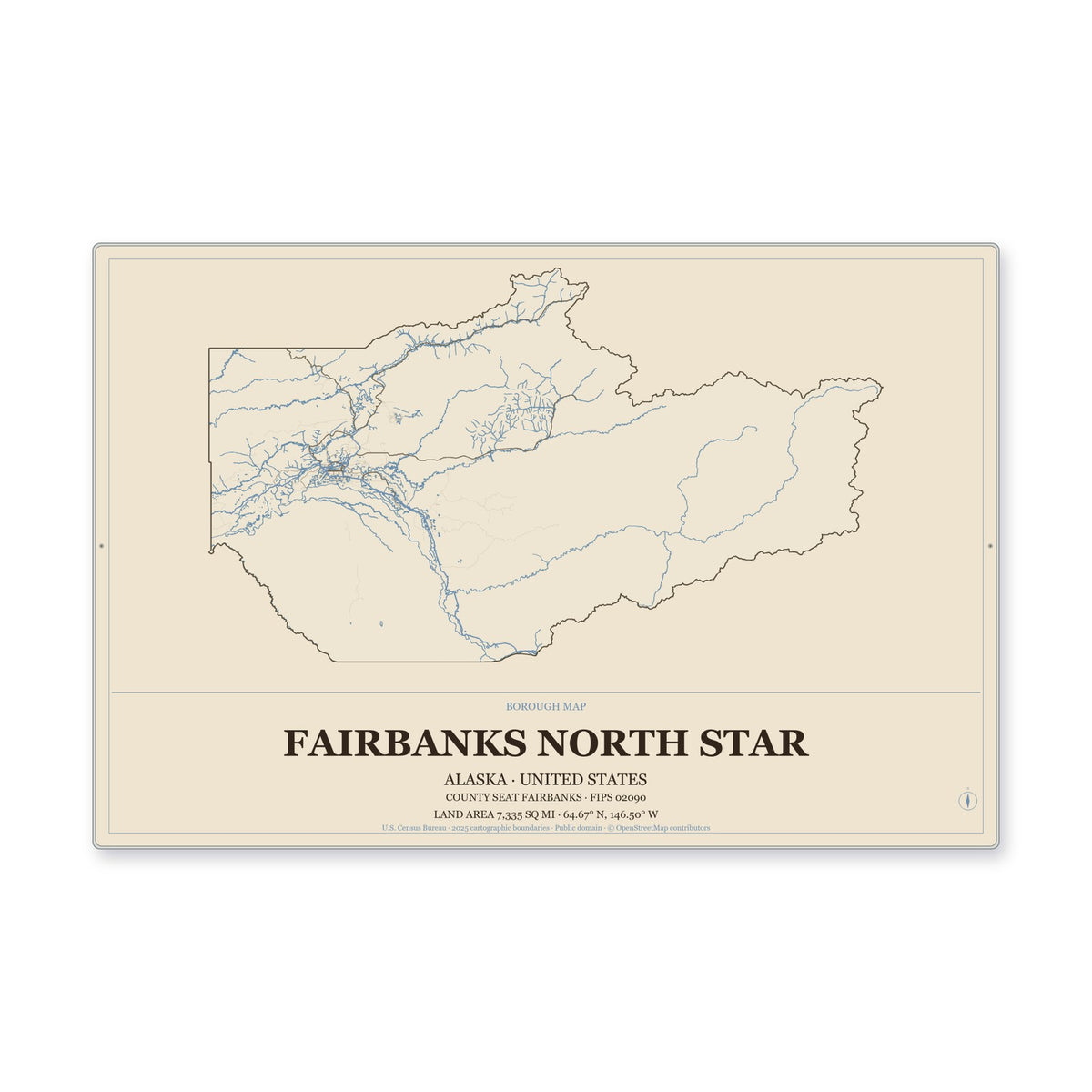 Fairbanks North Star Borough, Alaska Map Aluminum Sign in Heritage Nautical style