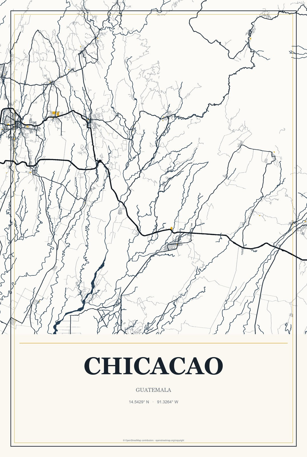 Chicacao, Guatemala City Map Aluminum Sign in Citrine Modern style