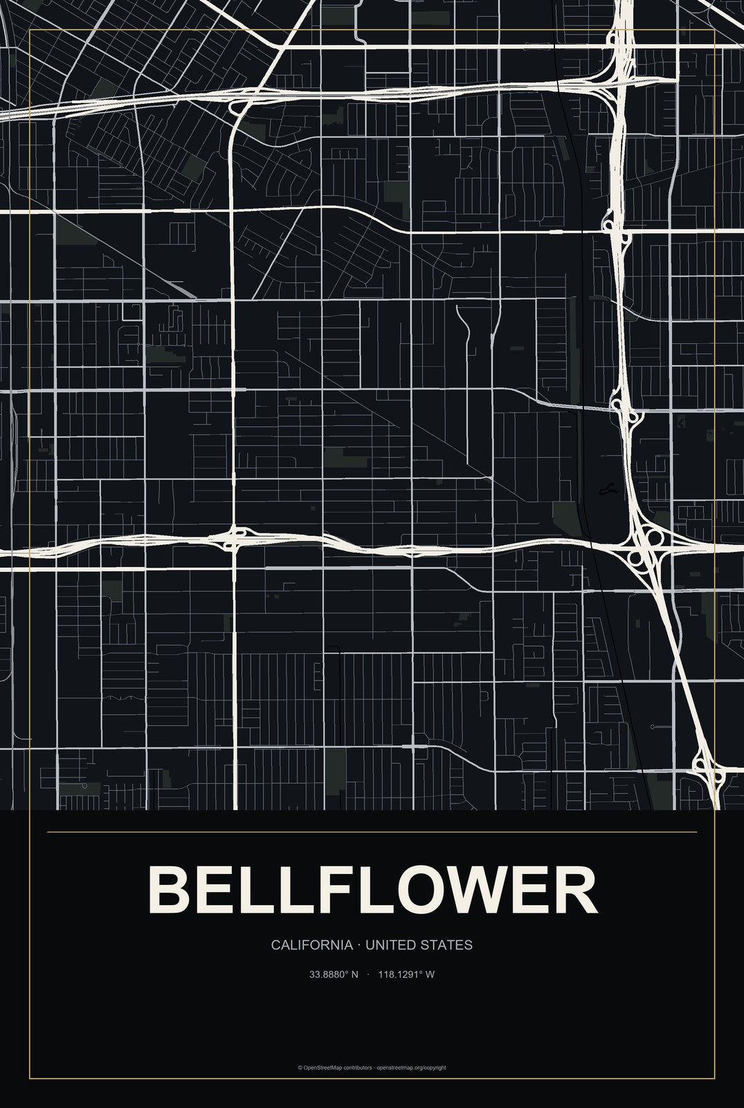 Bellflower, California City Map Aluminum Sign in Metropolitan Noir style