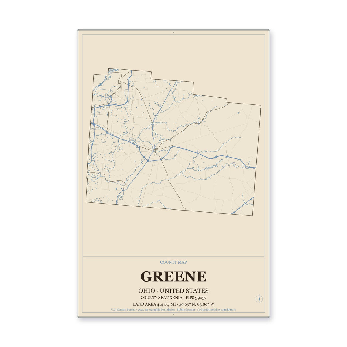 Greene County, Ohio Map Aluminum Sign in Heritage Nautical style