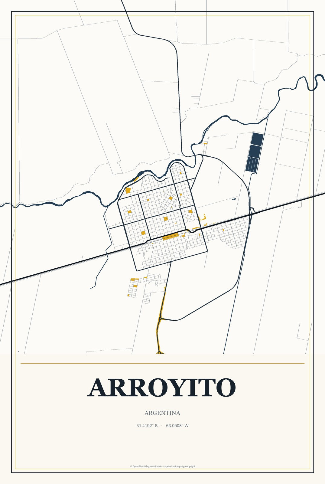 Arroyito, Argentina City Map Aluminum Sign in Citrine Modern style
