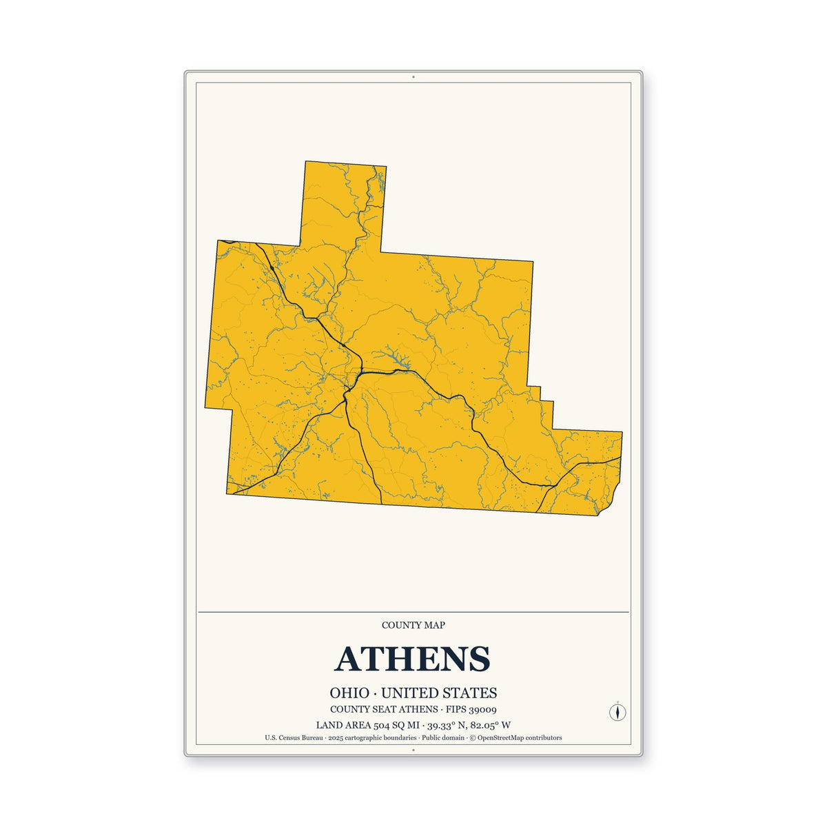 Athens County, Ohio Map Aluminum Sign in Citrine Modern style