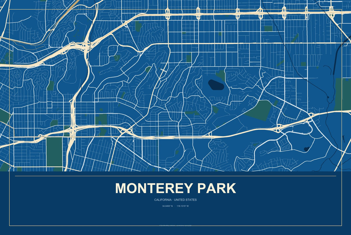Monterey Park, California City Map Aluminum Sign in Harbor Cobalt style