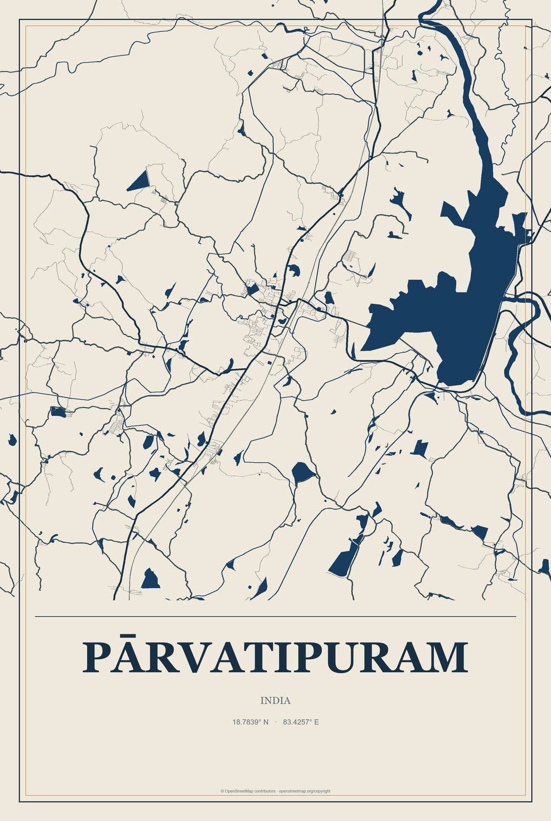 Pārvatipuram, India City Map Aluminum Sign in Coastal Cutout style