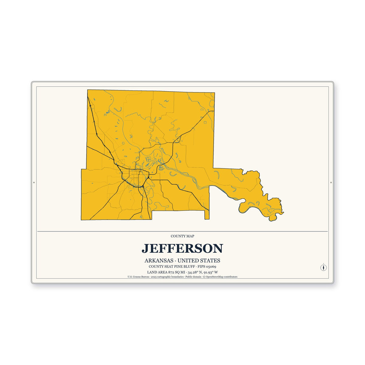 Jefferson County, Arkansas Map Aluminum Sign in Citrine Modern style