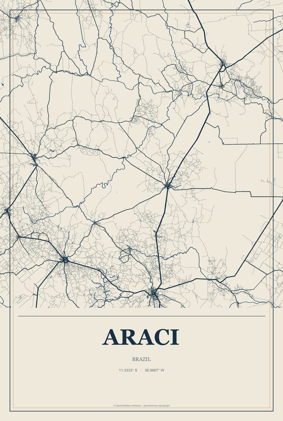 Araci, Brazil City Map Aluminum Sign in Coastal Cutout style