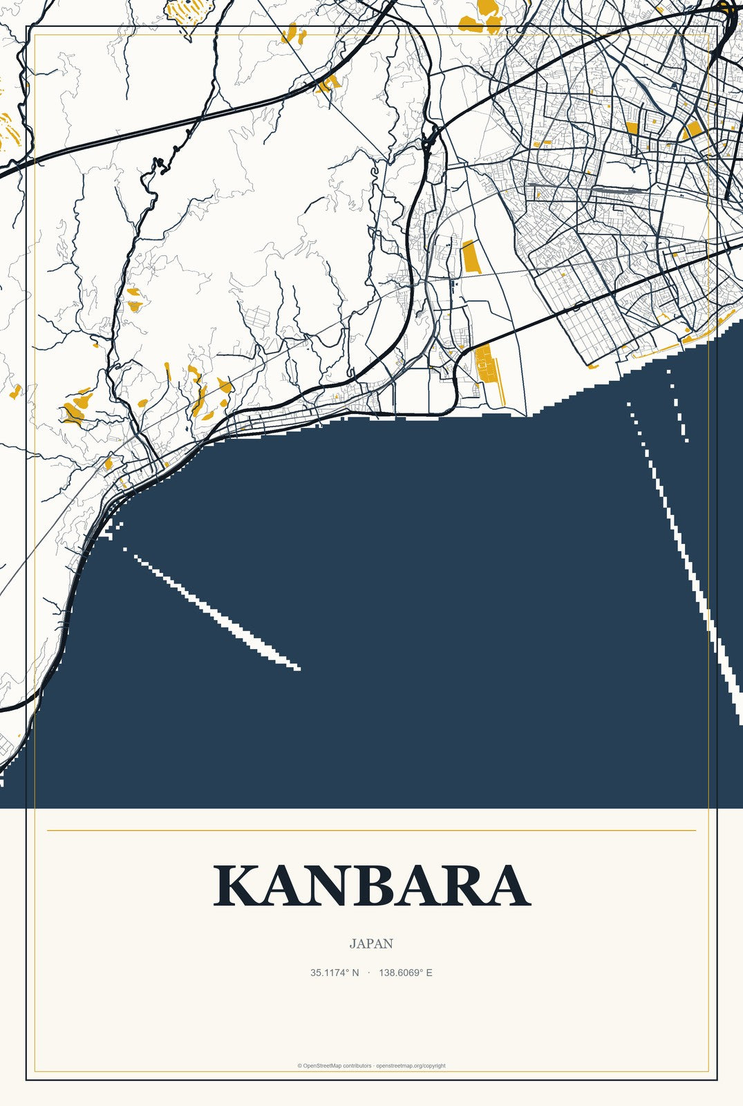 Kanbara, Japan City Map Aluminum Sign in Citrine Modern style