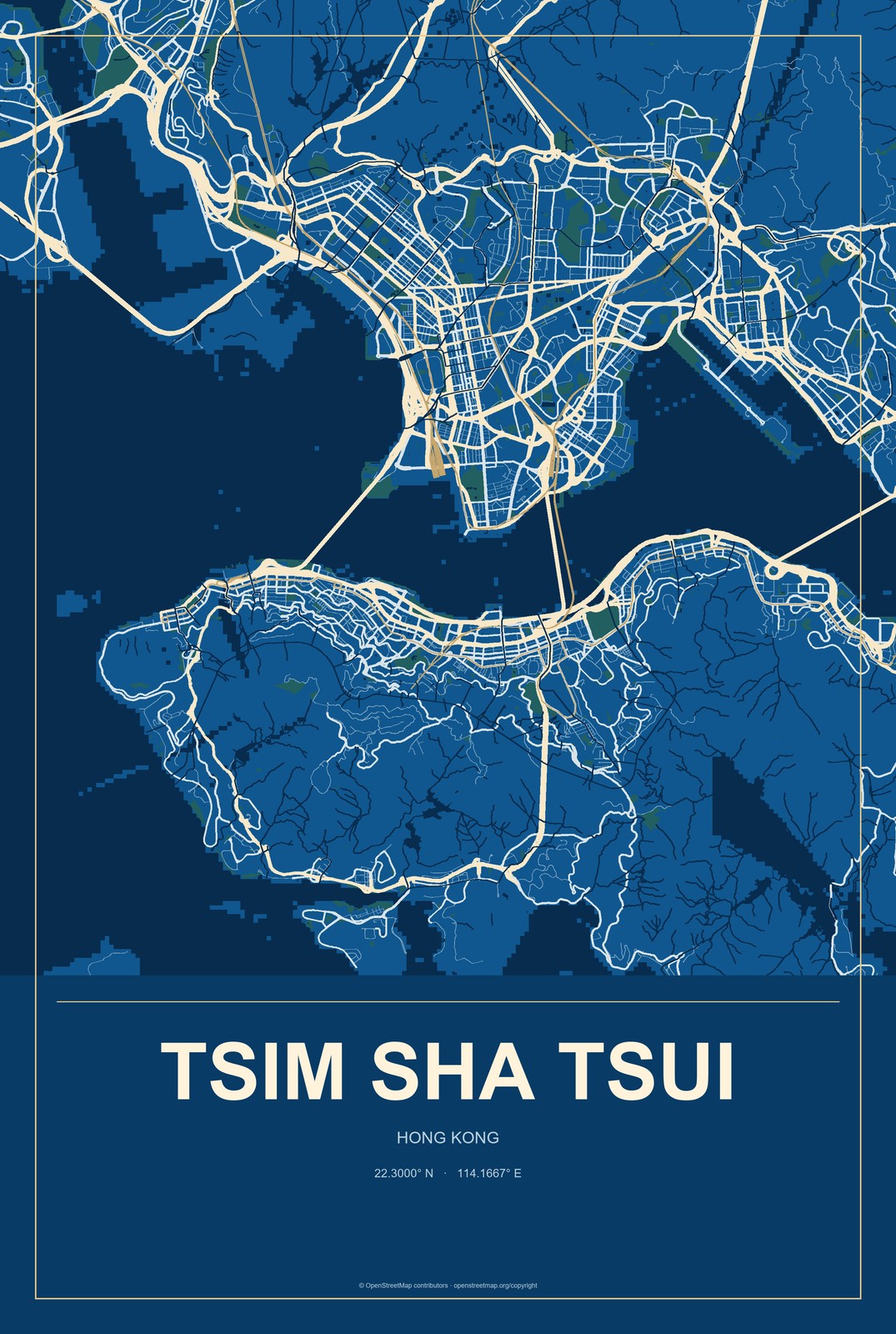 Tsim Sha Tsui, Hong Kong City Map Aluminum Sign in Harbor Cobalt style