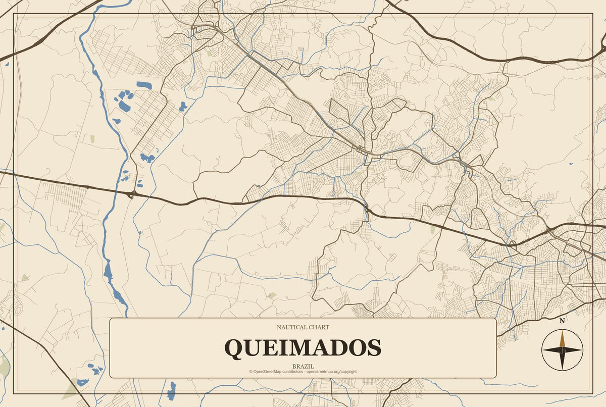Queimados, Brazil City Map Aluminum Sign in Heritage Nautical style
