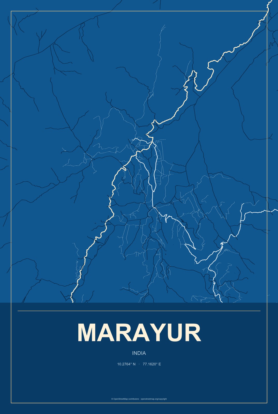 Marayur, India City Map Aluminum Sign in Harbor Cobalt style