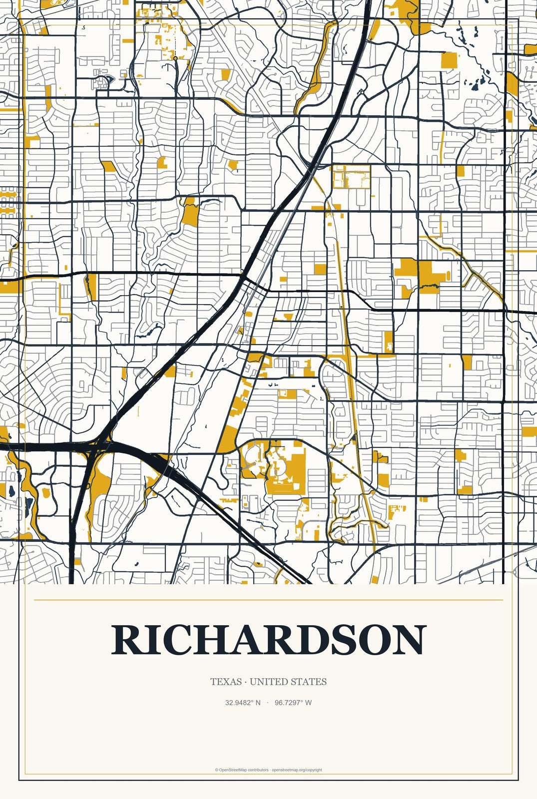 Richardson, Texas City Map Aluminum Sign in Citrine Modern style