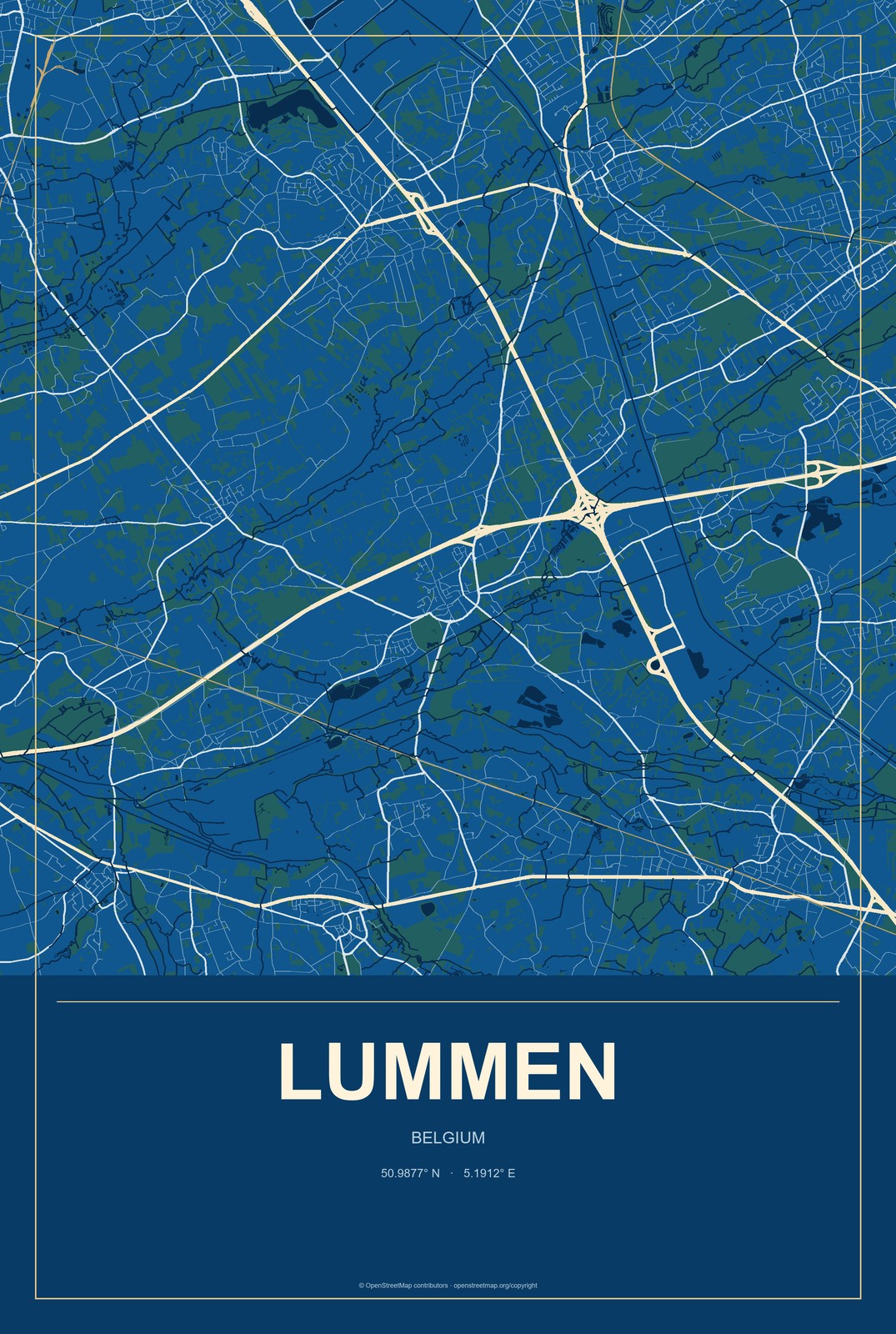 Lummen, Belgium City Map Aluminum Sign in Harbor Cobalt style