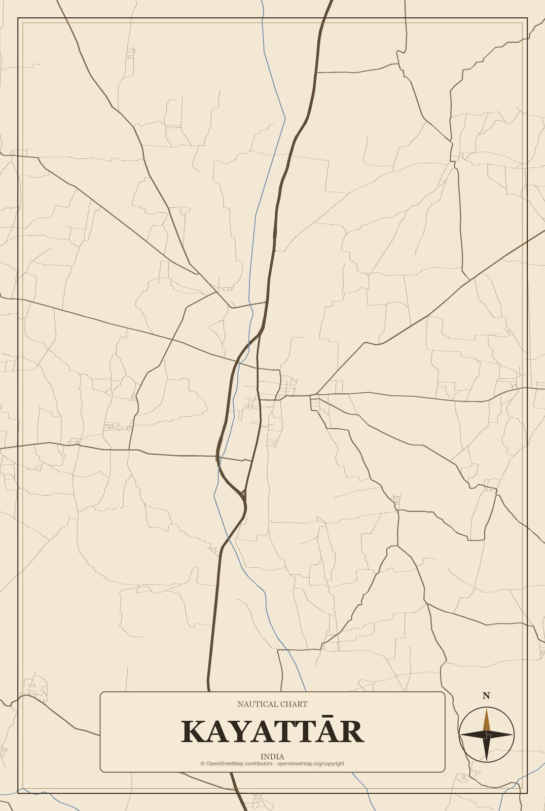 Kayattār, India City Map Aluminum Sign in Heritage Nautical style