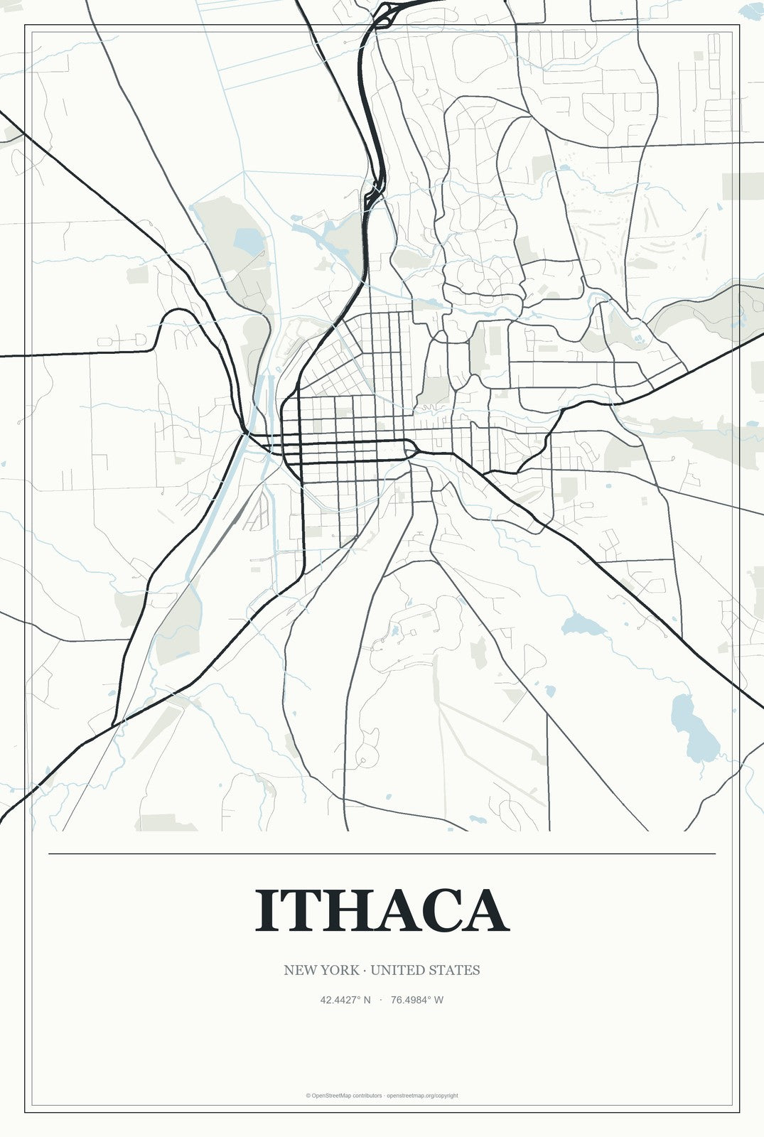 Ithaca, New York City Map Aluminum Sign in Gallery Air style