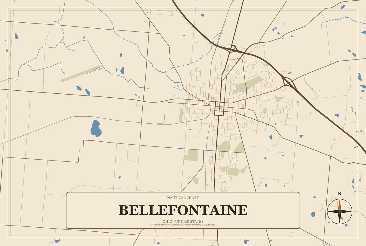 Bellefontaine, Ohio City Map Aluminum Sign in Heritage Nautical style