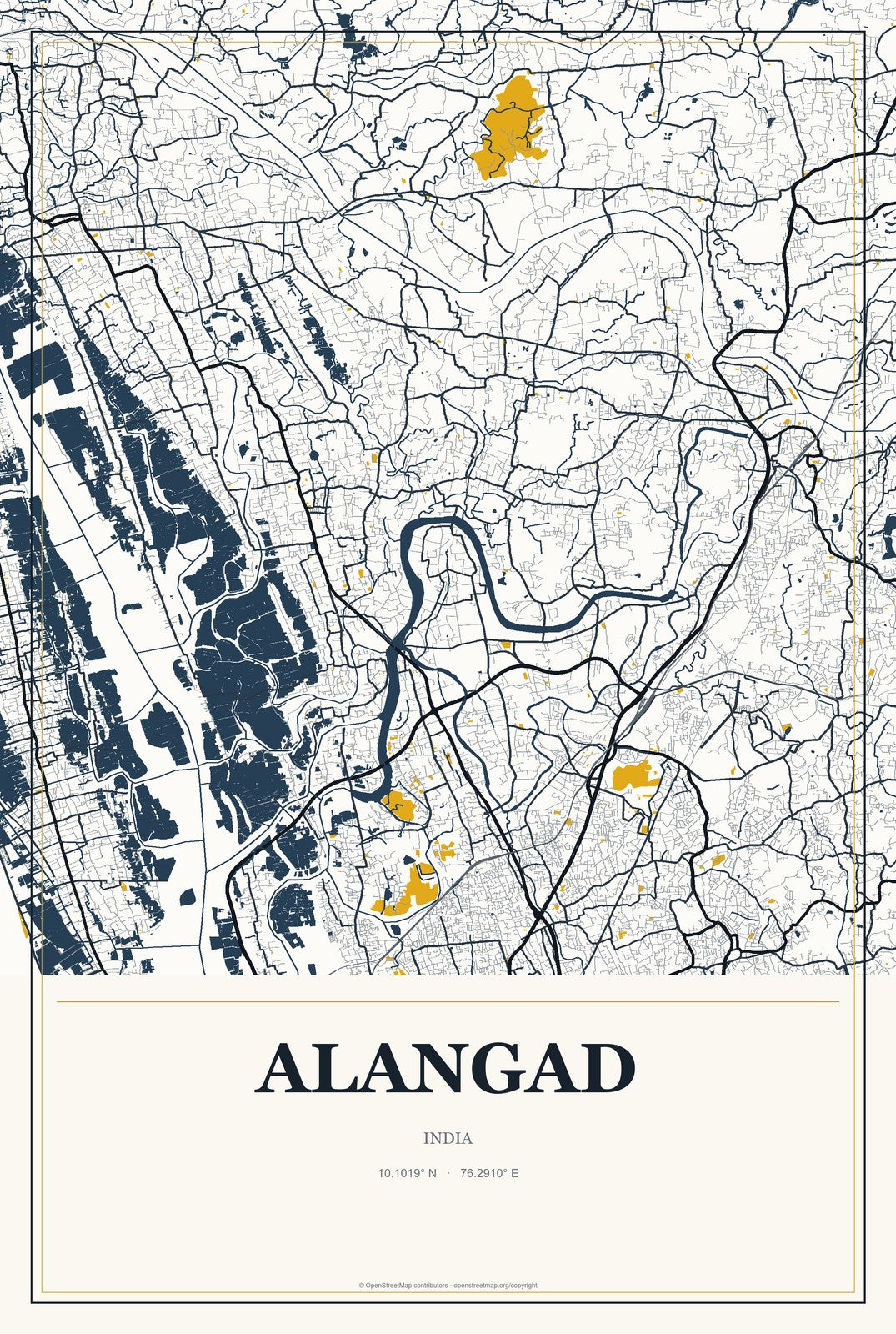 Alangad, India City Map Aluminum Sign in Citrine Modern style