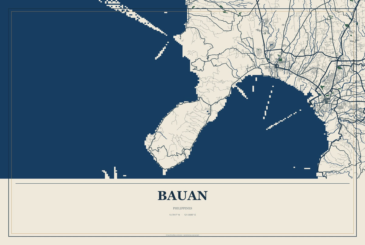 Bauan, Philippines City Map Aluminum Sign in Coastal Cutout style