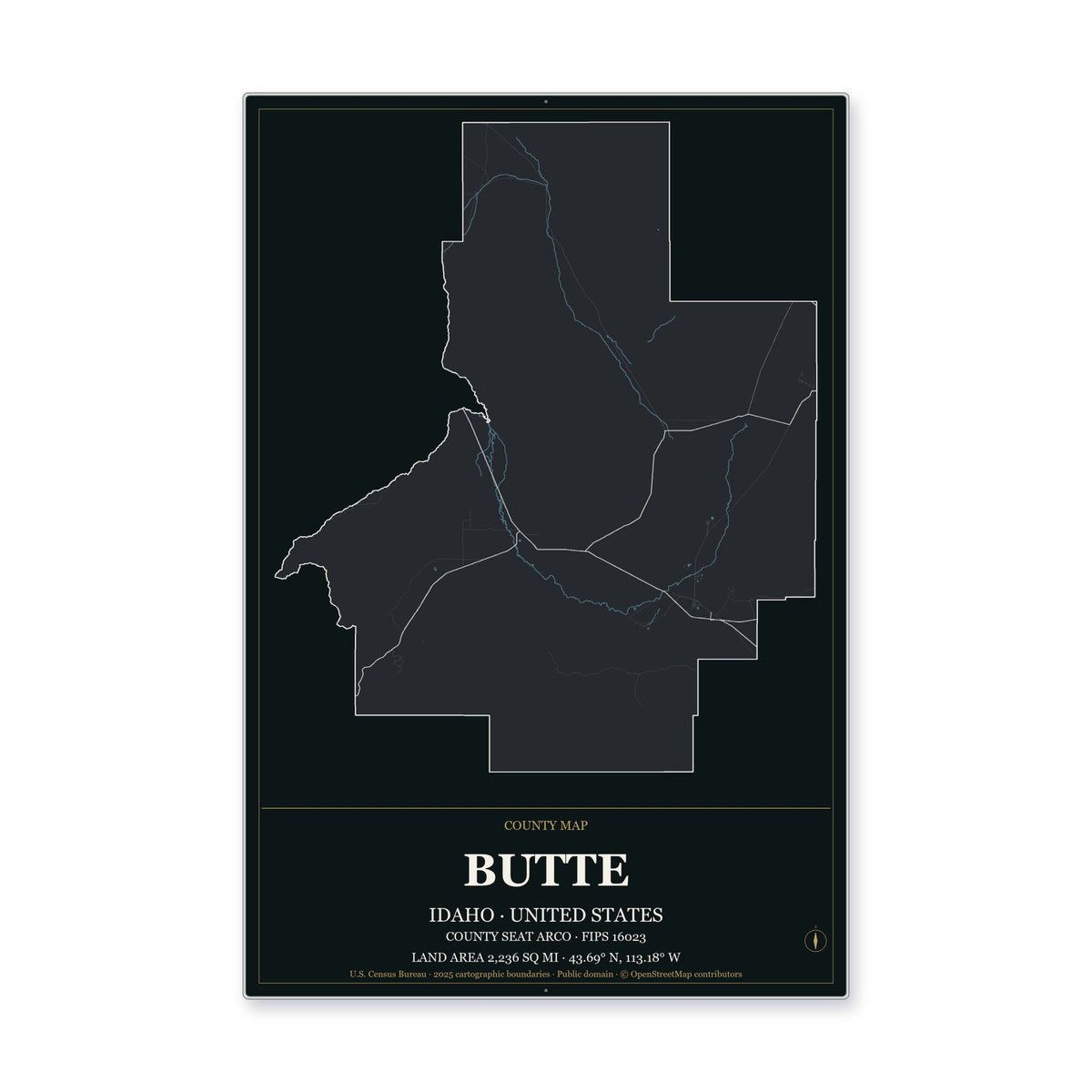 Butte County, Idaho Map Aluminum Sign in Metropolitan Noir style