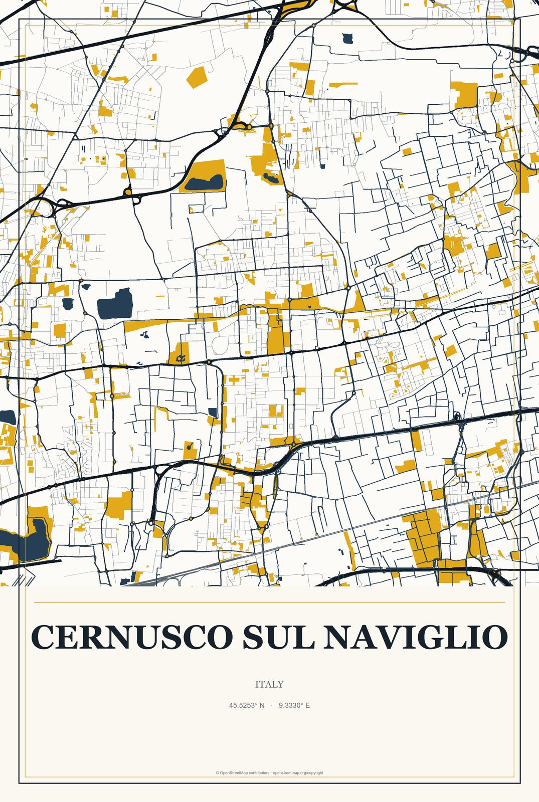 Cernusco sul Naviglio, Italy City Map Aluminum Sign in Citrine Modern style