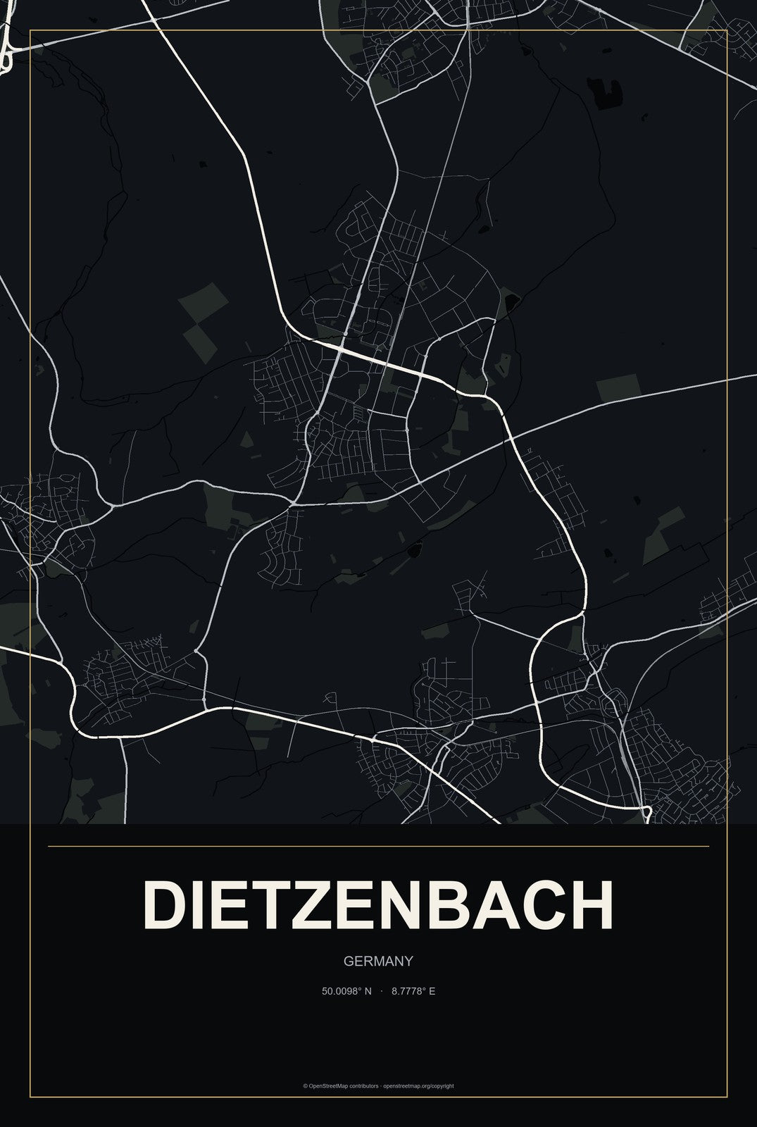 Dietzenbach, Germany City Map Aluminum Sign in Metropolitan Noir style