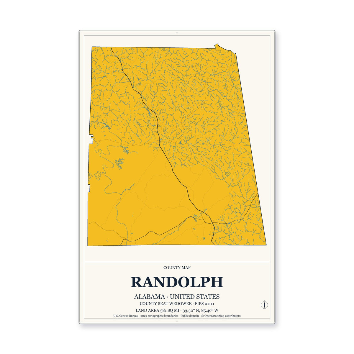 Randolph County, Alabama Map Aluminum Sign in Citrine Modern style
