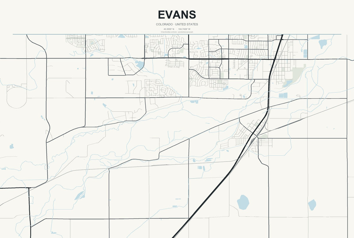 Evans, Colorado City Map Aluminum Sign in Headline Atlas style