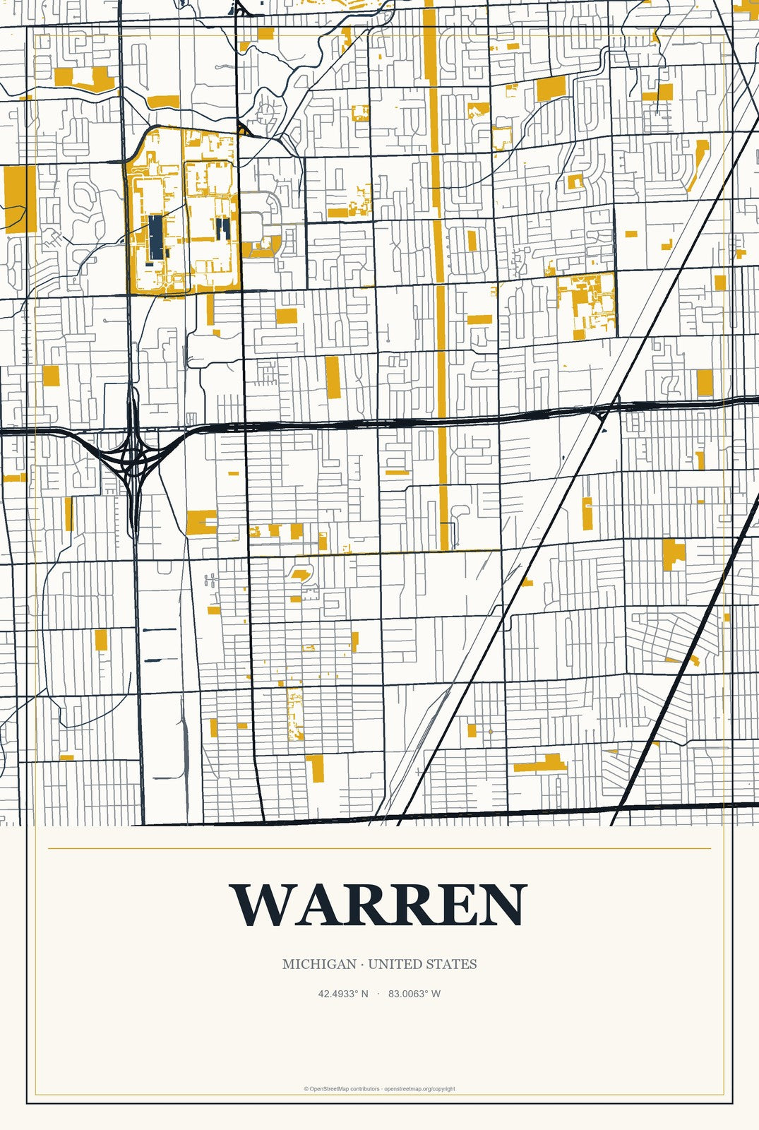 Warren, Michigan City Map Aluminum Sign in Citrine Modern style