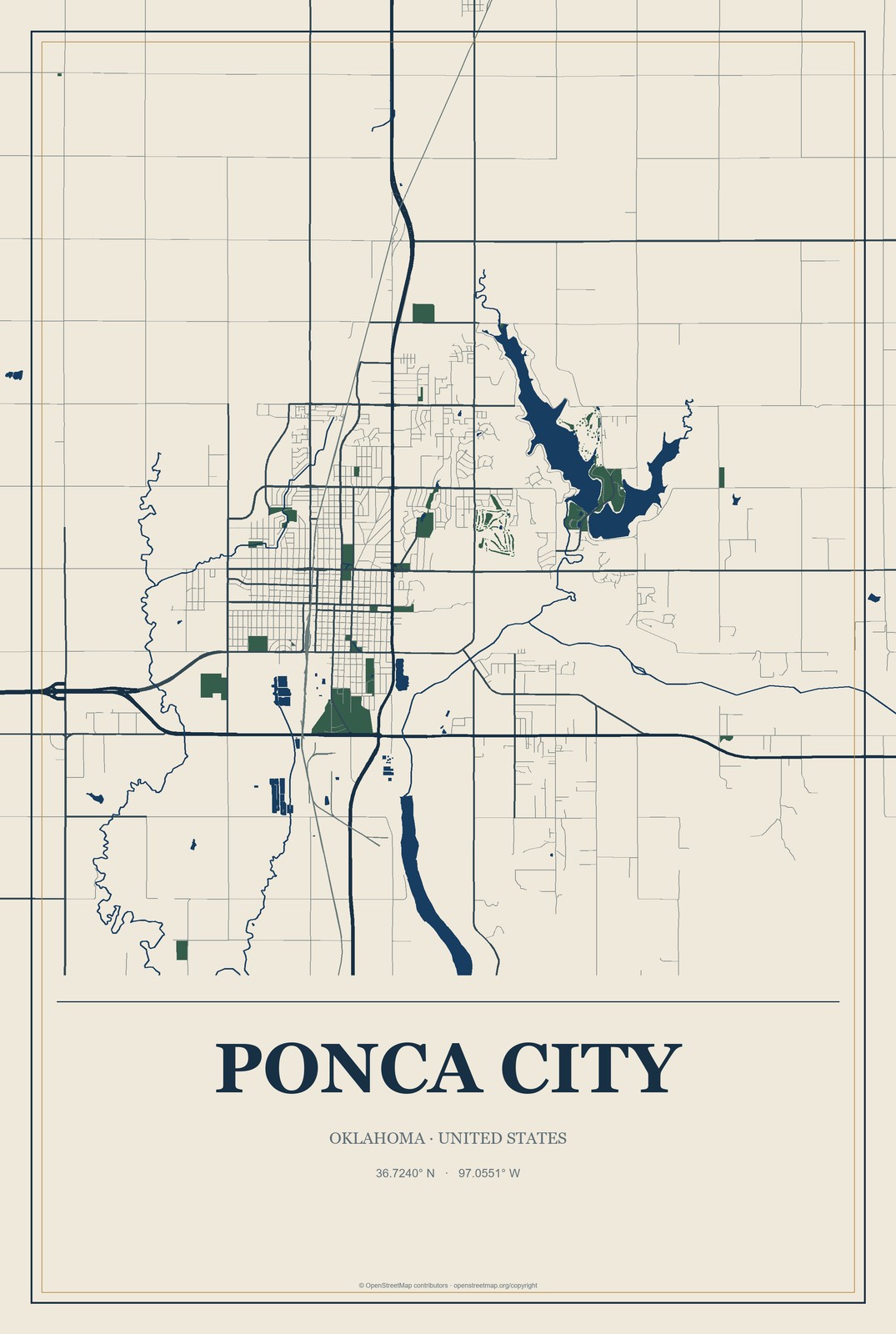 Ponca City, Oklahoma City Map Aluminum Sign in Coastal Cutout style