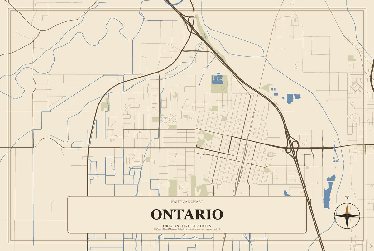 Ontario, Oregon City Map Aluminum Sign in Heritage Nautical style
