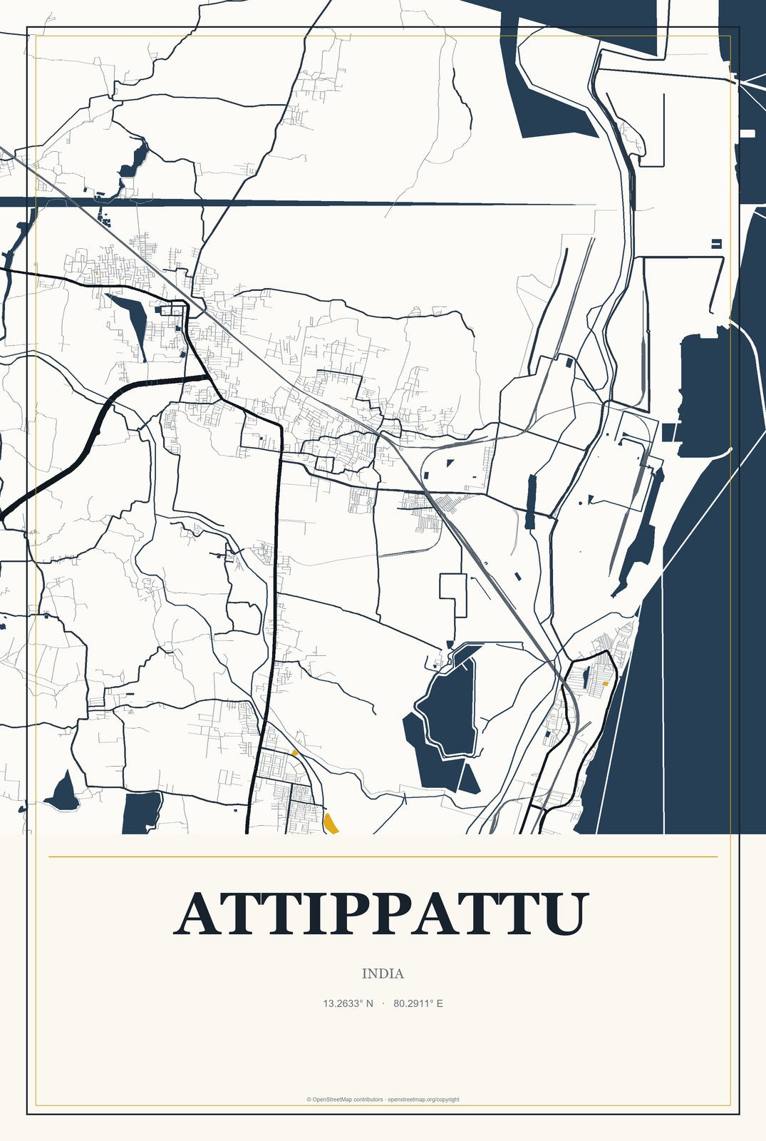 Attippattu, India City Map Aluminum Sign in Citrine Modern style