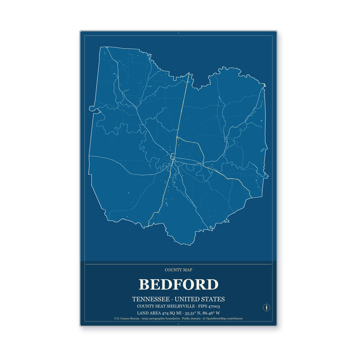 Bedford County, Tennessee Map Aluminum Sign in Harbor Cobalt style