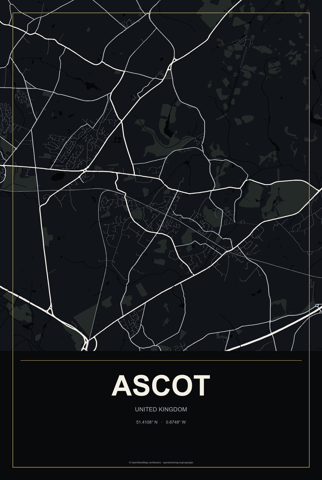 Ascot, United Kingdom City Map Aluminum Sign in Metropolitan Noir style