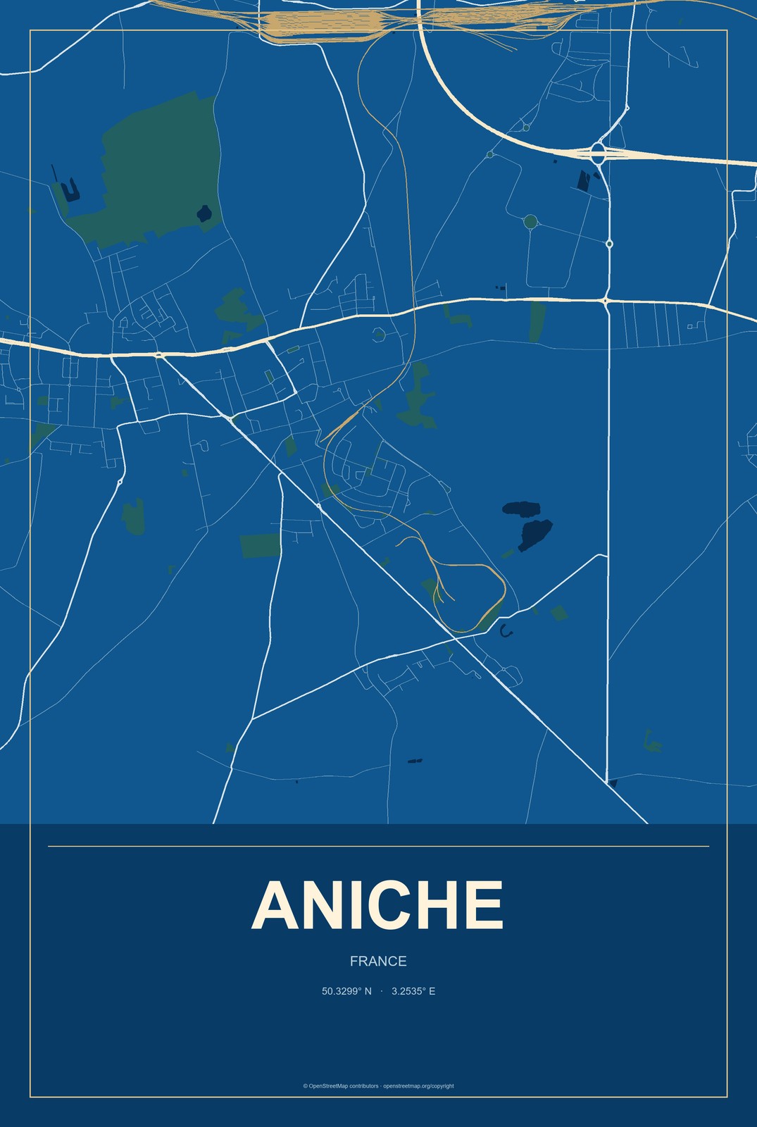 Aniche, France City Map Aluminum Sign in Harbor Cobalt style