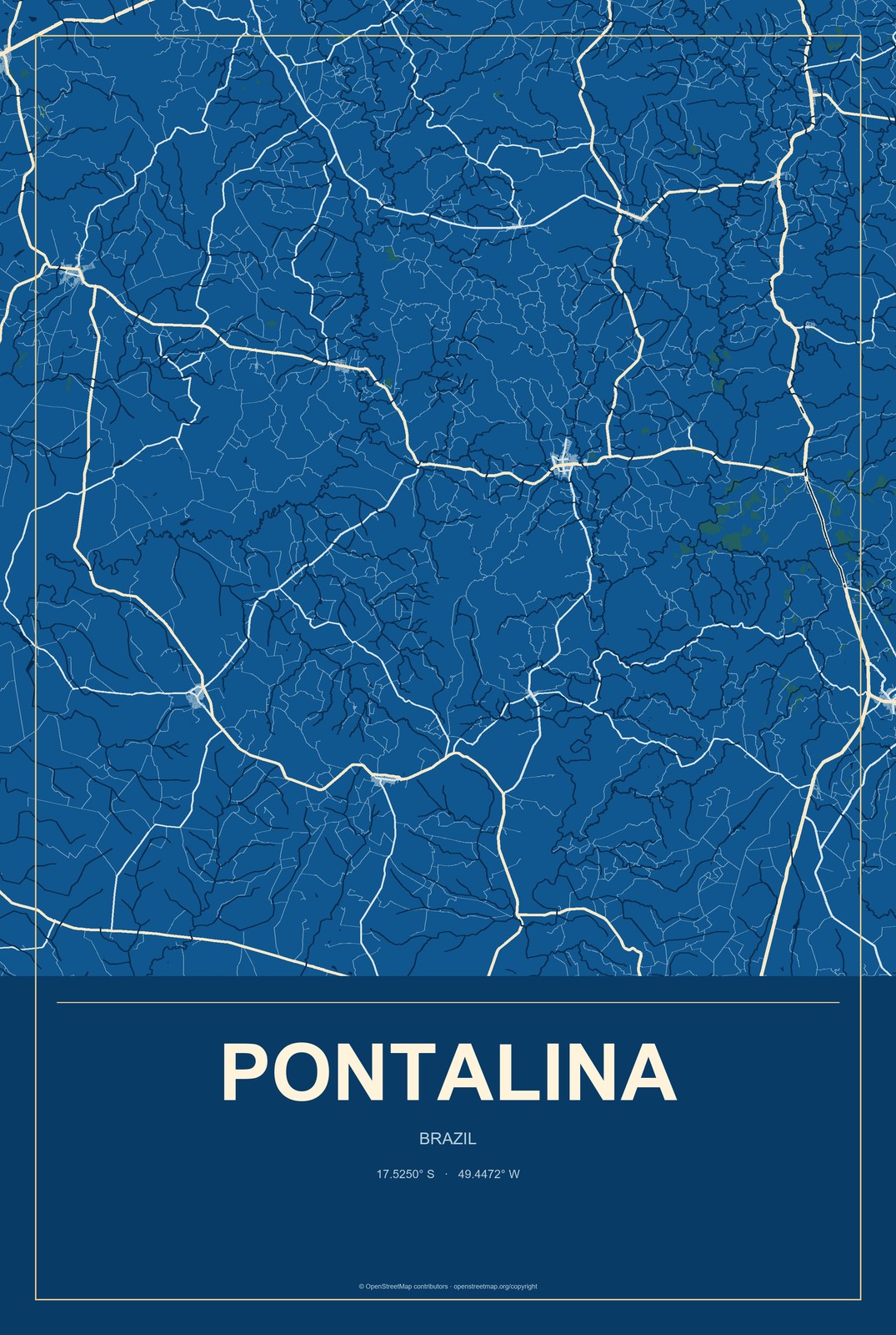 Pontalina, Brazil City Map Aluminum Sign in Harbor Cobalt style