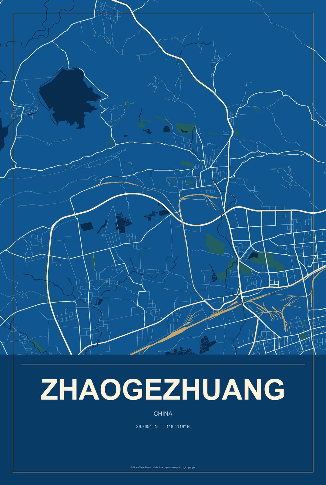 Zhaogezhuang, China City Map Aluminum Sign in Harbor Cobalt style