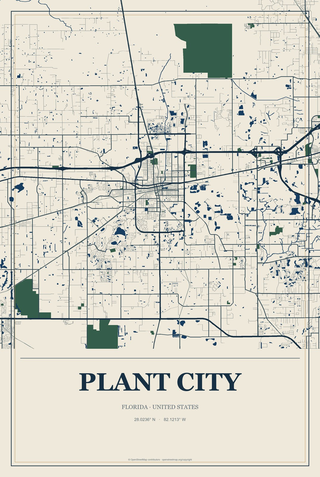 Plant City, Florida City Map Aluminum Sign in Coastal Cutout style