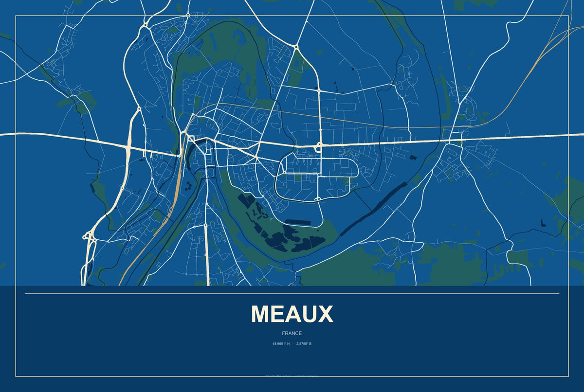 Meaux, France City Map Aluminum Sign in Harbor Cobalt style