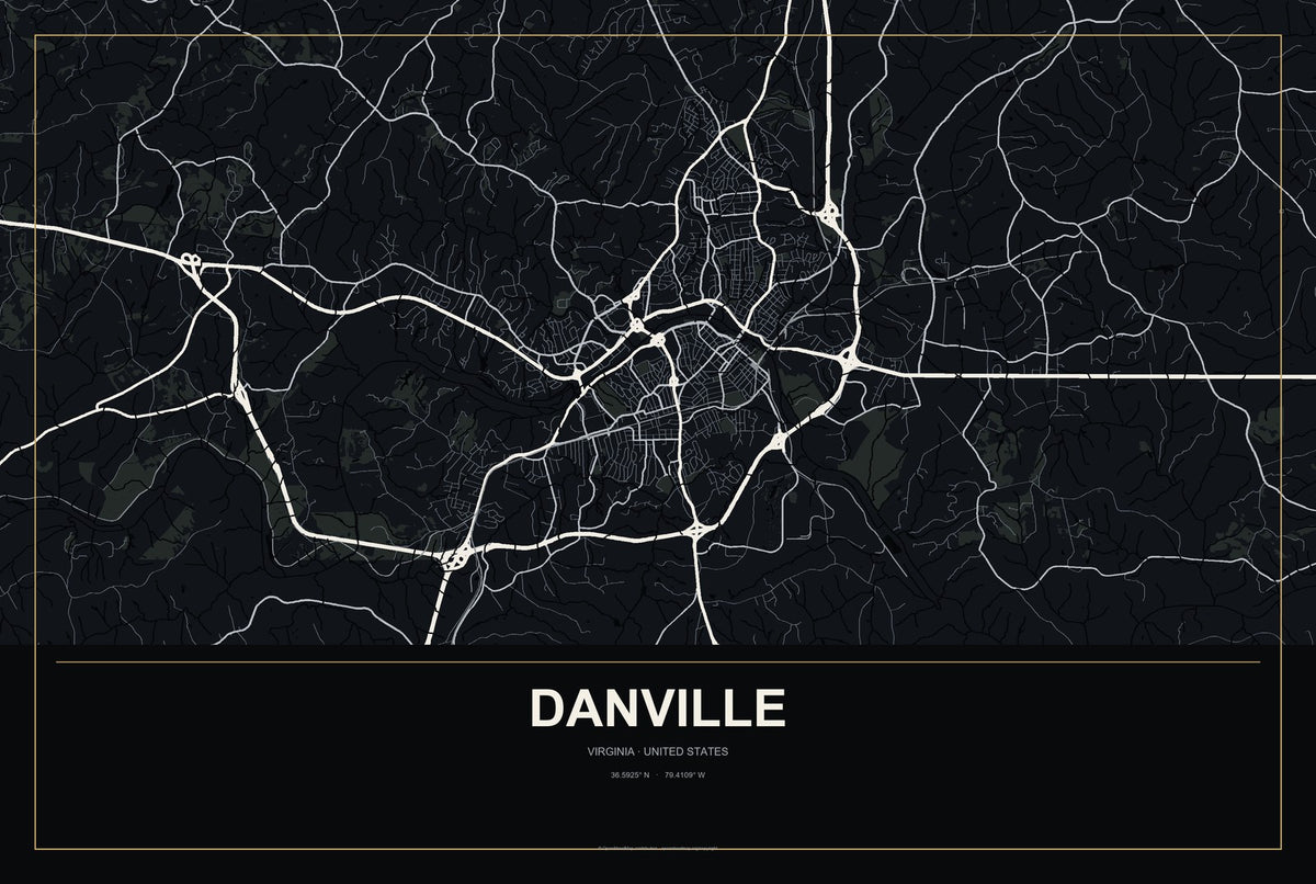 Danville, Virginia City Map Aluminum Sign in Metropolitan Noir style