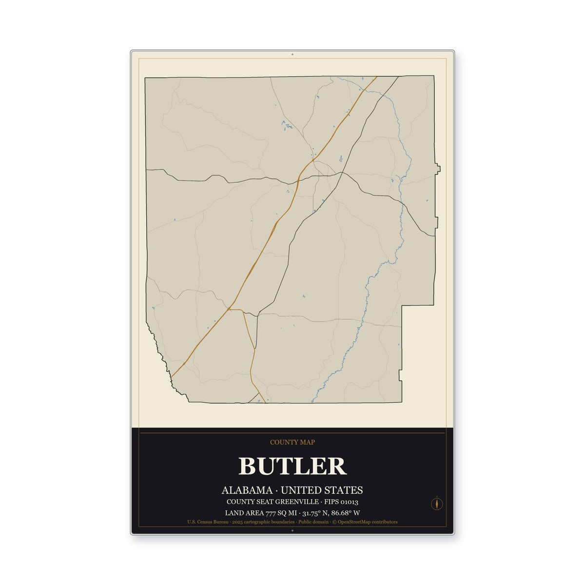 Butler County, Alabama Map Aluminum Sign in Museum Plaque style