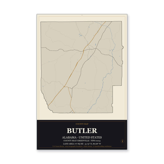 Butler County, Alabama Map Aluminum Sign in Museum Plaque style
