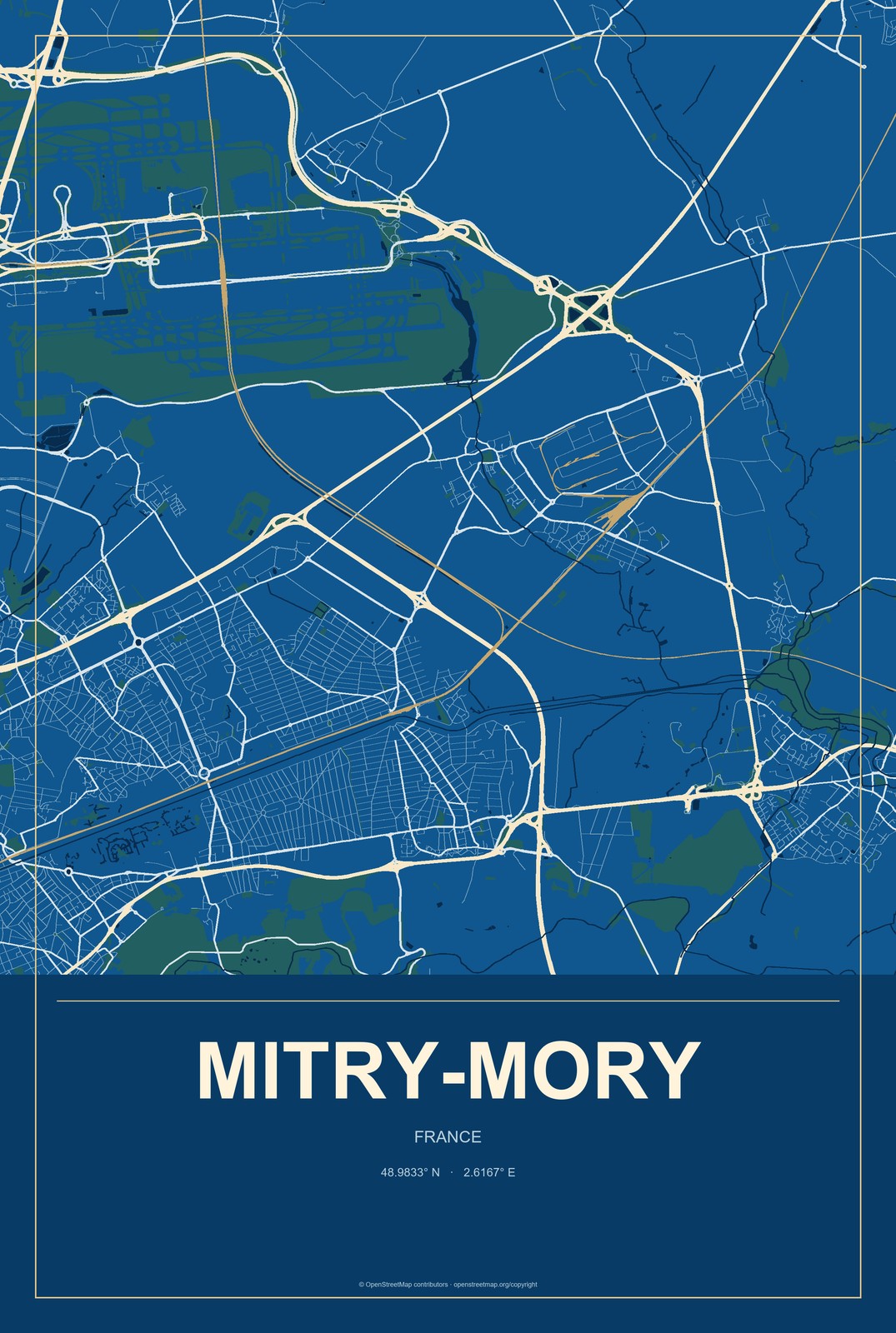 Mitry-Mory, France City Map Aluminum Sign in Harbor Cobalt style