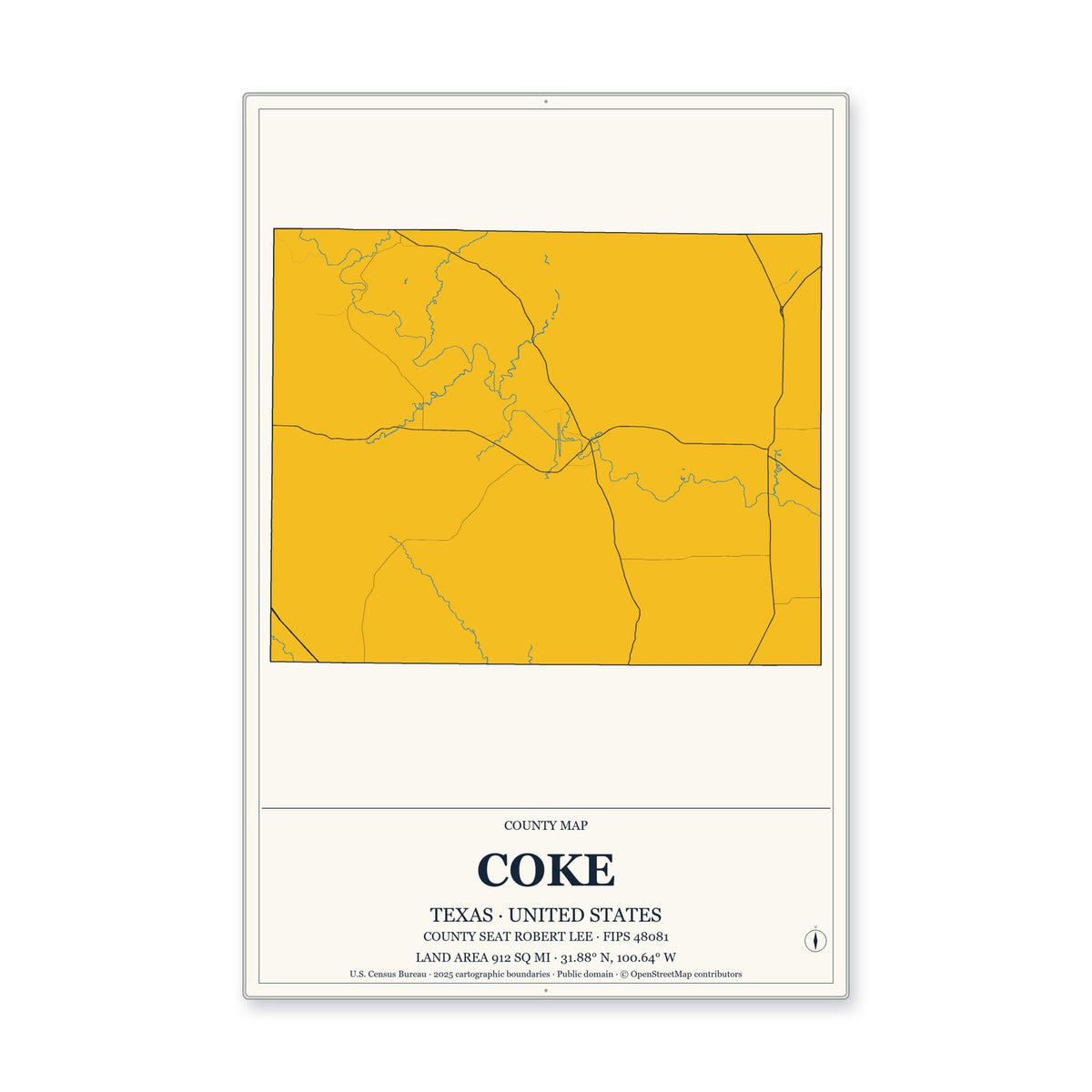 Coke County, Texas Map Aluminum Sign in Citrine Modern style