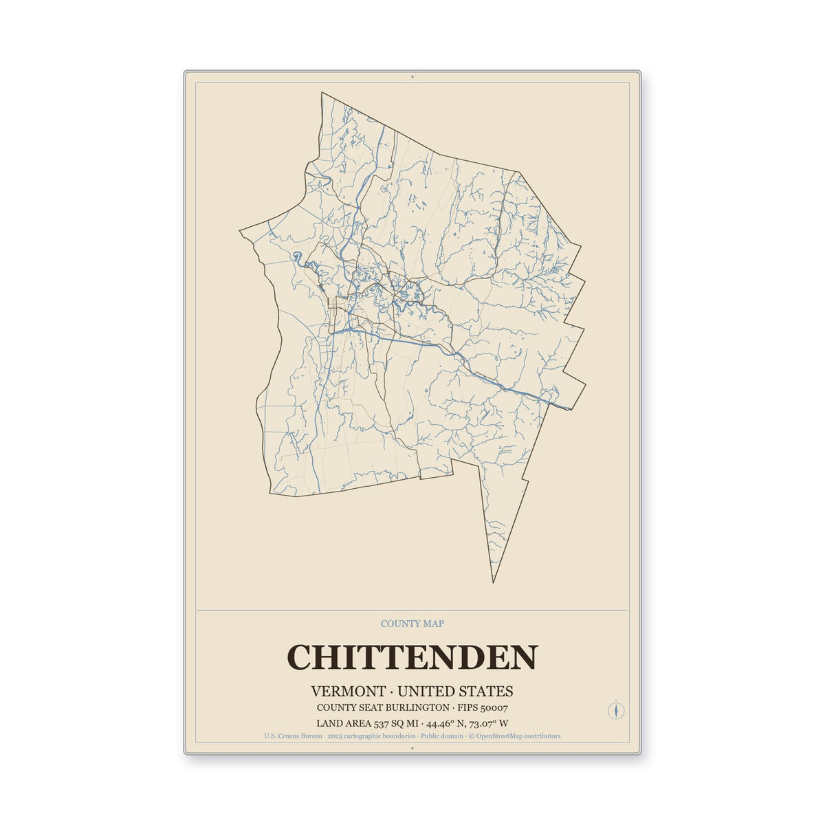 Chittenden County, Vermont Map Aluminum Sign in Heritage Nautical style