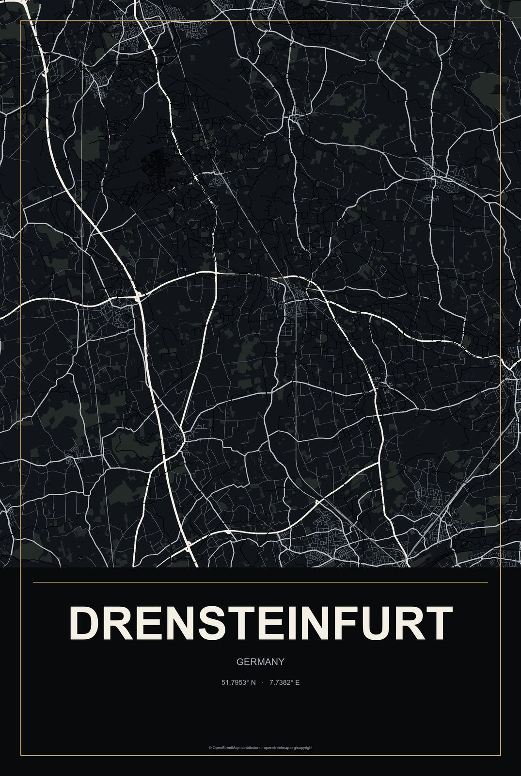 Drensteinfurt, Germany City Map Aluminum Sign in Metropolitan Noir style