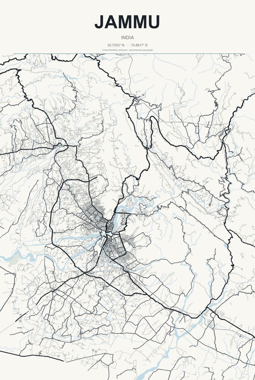 Jammu, India City Map Aluminum Sign in Headline Atlas style