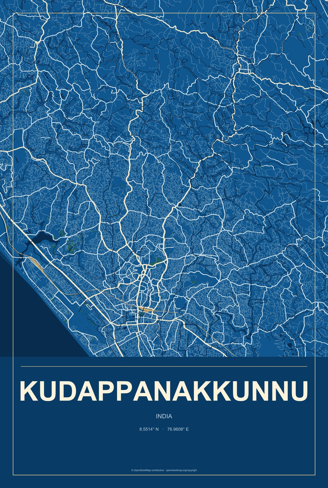 Kudappanakkunnu, India City Map Aluminum Sign in Harbor Cobalt style